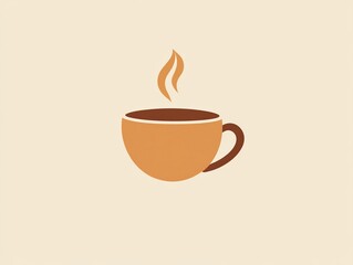 Fototapeta premium A minimalist illustration of a steaming cup of coffee made with smooth vector lines. The cup is placed centrally on a light beige background. The color scheme uses earthy browns and creamy whites.