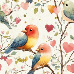 Watercolor Birds with Hearts - Floral Pattern Seamless 300 DPI Design