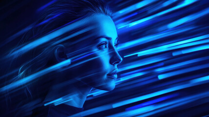 Female Profile Portrait with Blue Light Streaks Creating Dynamic Motion Effect