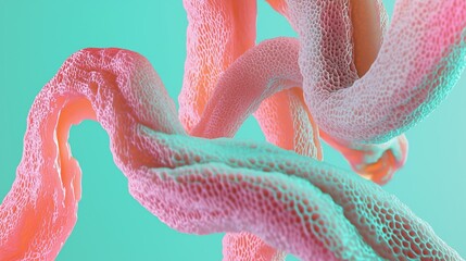 3d abstract form hovering in the air, bright turquoise and bright neon pink colors.