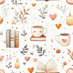 Autumn Cozy Bookish Pattern Design Seamless 300 DPI