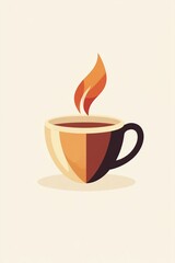 Obraz premium A minimalist illustration of a steaming cup of coffee made with smooth vector lines. The cup is placed centrally on a light beige background. The color scheme uses earthy browns and creamy whites.