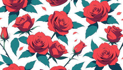 Seamless Red Rose Pattern with Green Leaves and Scattered Petals on a White Background, Ideal for Floral Designs and Valentine's Day Themed Projects