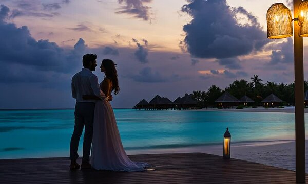 Romantic couple silhouetted against a sunset by the water.