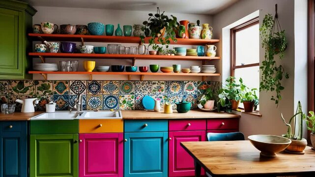 A vibrant and artistic kitchen filled with colorful dishes and plants, showcasing modern design and a cozy atmosphere