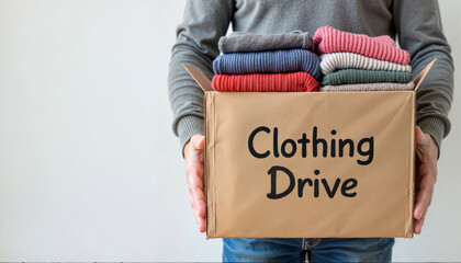 A person promoting a clothing drive stands against light background, displaying a box with a handwritten label, filled with wool sweaters. International Day of Charity. Copy space. Photorealistic