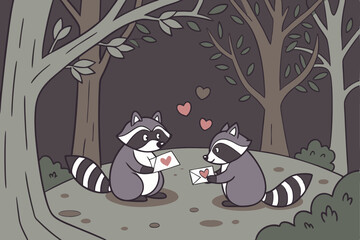 Raccoons exchanging Valentine's cards. forest at dusk. 3D illustration © Manik Mia