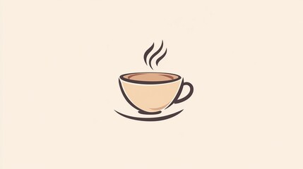 Obraz premium A minimalist illustration of a steaming cup of coffee made with smooth vector lines. The cup is placed centrally on a light beige background. The color scheme uses earthy browns and creamy whites.