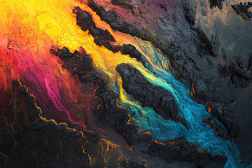 Naklejka premium Witness a stunning aerial view of a colorful volcanic eruption and its mesmerizing lava flows.