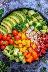 Vibrant And Colorful Buddha Bowl With Quinoa, Roasted Vegetables, Fresh Avocado, And Sesame Seeds