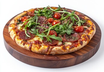 Delicious pepperoni pizza topped with fresh arugula and cherry tomatoes served on a wooden board, perfect for food lovers and culinary enthusiasts.