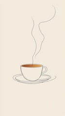 Obraz premium A minimalist illustration of a steaming cup of coffee made with smooth vector lines. The cup is placed centrally on a light beige background. The color scheme uses earthy browns and creamy whites.