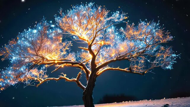 A glowing tree illuminated with lights under a starry night, creating a magical and tranquil atmosphere in a winter landscape