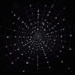 Obraz premium an intricate spiderweb laden with dewdrops, forming a symmetrical design. Dewdrops glisten, fully framed against a black bacground