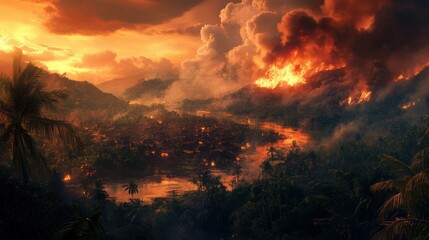 Fototapeta premium A wide-angle view of a tropical forest fire approaching a small village, smoke and flames threatening the surroundings
