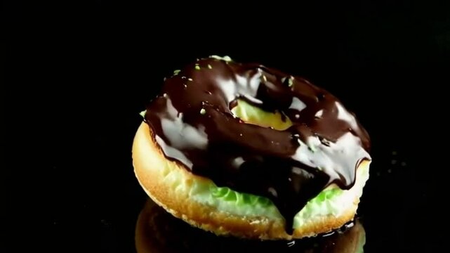 Mint ganache bursting on cronut with refreshing dark backdrop and green highlights for a vivid contrast of richness and freshness