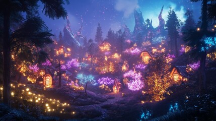 Obraz premium Charming village with glowing lights and mystical atmosphere in vibrant colors