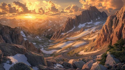 Obraz premium A winding road up Mount Evans, Colorado, flanked by rugged rock formations and patches of lingering snow under a golden sunset.