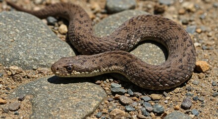 Fototapeta premium Brown Snake Coiled Among Rocks In Sunlight