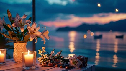This Softly lit candles and elegant bouquets create a romantic atmosphere by the water at dusk.