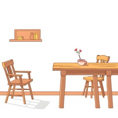 Fototapeta premium The wooden table creaks softly as the scene captures the quiet morning stillness.