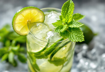 a close-up detail view of a glass of mojito