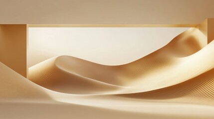 Obraz premium Abstract landscape of golden dunes blending into geometric designs on a beige backdrop. Elegantly framed product display area