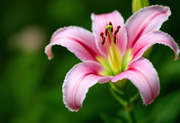 Fototapeta premium A close-up of a pink lily flower with a green center and stamen, against a blurred green background