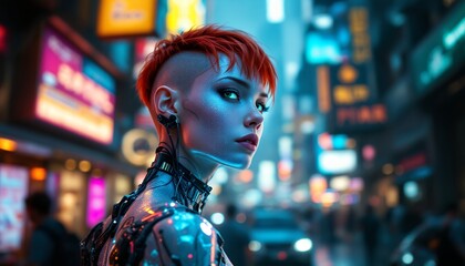 Fototapeta premium Cyberpunk Woman in Neon Cityscape: A Futuristic Portrait