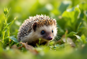 Fototapeta premium A close-up of a young hedgehog in a grassy field with leaves and plants in the background