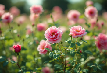 A close-up of pink rose flowers blooming in a grassy field