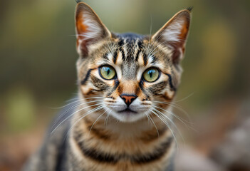 A close-up portrait of a tabby cat with a focused gaze, its whiskers and fur details visible against a blurred natural background