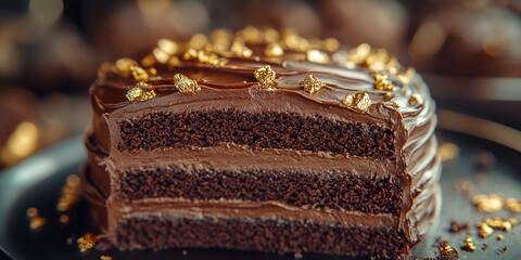 Rich layered chocolate cake with gold flakes on top , Decadent chocolate cake with glossy frosting and elegant details