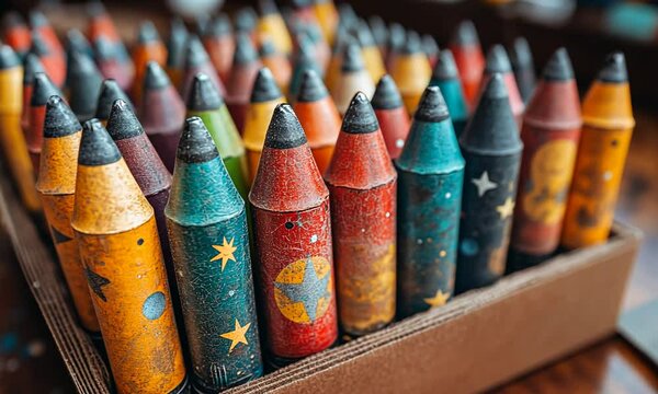 A collection of colorful crayons arranged in a box.