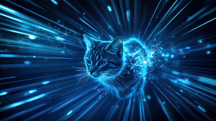 Grey Cat Portrait in Blue Light Speed Effect Through Space Time Tunnel