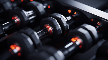 Fototapeta premium Rows of dumbbells of various sizes in a fitness center