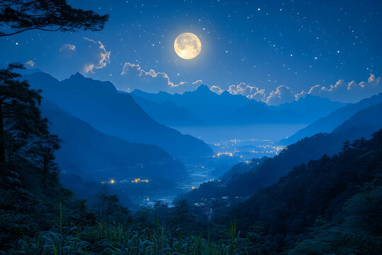 Majestic full moon over a valley at night, mountains, stars, clouds, lights.