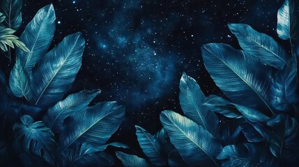 Close-up of lush tropical leaves contrasting against a dark starry night sky filled with twinkling stars and cosmic colors