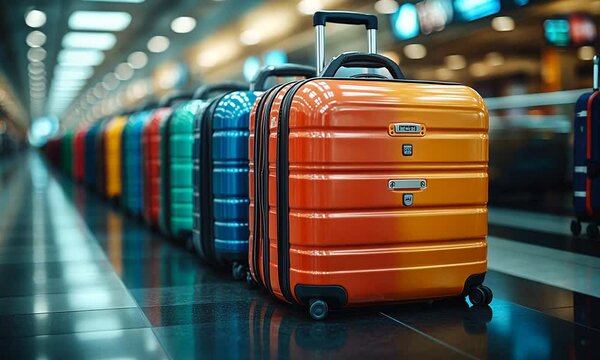 A row of colorful suitcases in a modern travel setting.