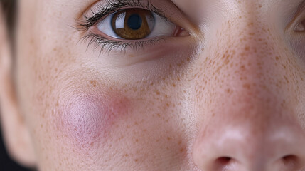 Fototapeta premium A woman with brown eyes and a red mark on her cheek