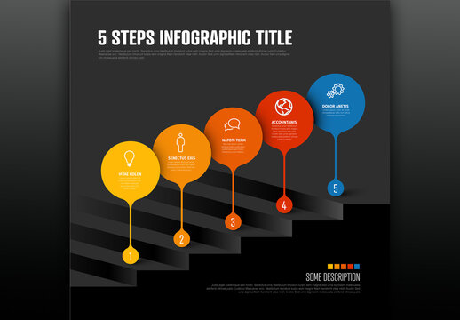Creative diagonal timeline template with five red and blue droplets pointers in one line on the stairs
