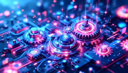Abstract Futuristic Circuit Board with Gears and Glowing Data Flow