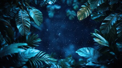 Dynamic arrangement of tropical leaves in a swirling pattern beneath a starry night sky
