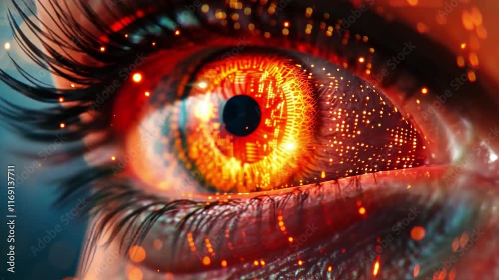 Poster a close-up view captures a striking eye illuminated by vibrant colors and digital circuits, symboliz