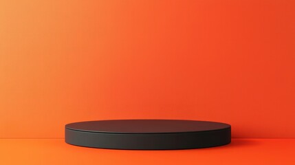 Bright orange room featuring a minimalist black pedestal for displaying items in a modern interior design setting