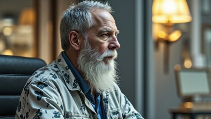 Senior businessman with white beard looking away sitting on a chair