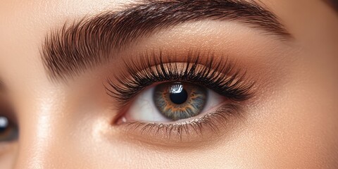 Obraz premium Beautiful close-up of a female eye showcasing long eyelashes and vivid iris colors against a neutral background