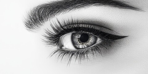 Fototapeta premium Close-up of a female eye showcasing long eyelashes and defined eyeliner against a plain background