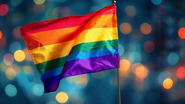 A rainbow flag is being held up in the air
