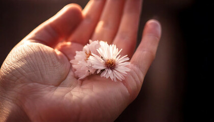 hand giving wild flower with love at sunset . beautiful background, Valentine's Day concept 
